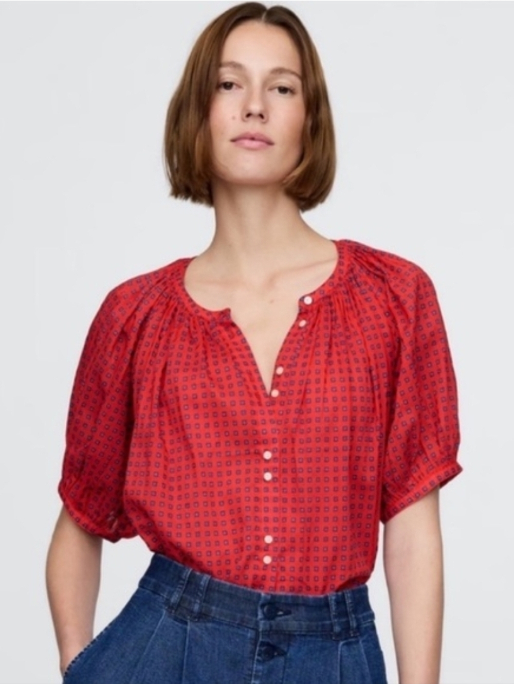 DOEN x Gap Gingham Peasant Blouse In Vermillion Red Size Small